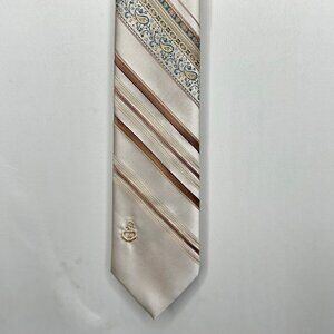 Vintage Via Re Men’s Neck Tie 3” Brown Beige Teal Stripe Skinny Short Tie